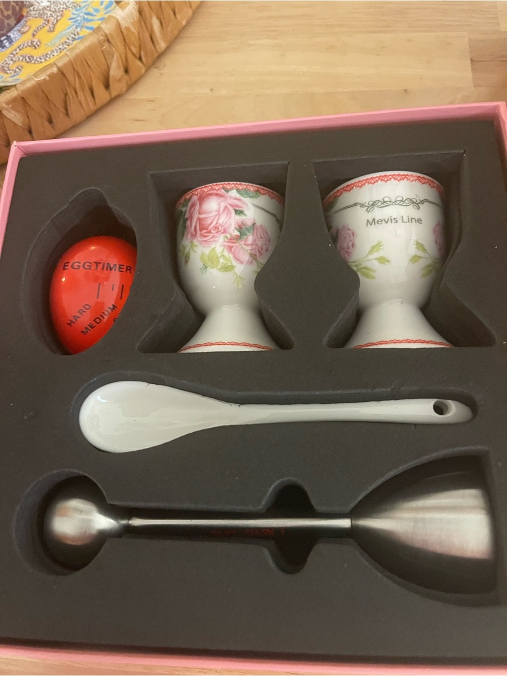 Pink Floral Egg Cup Set with Spoon plus placemat gift set